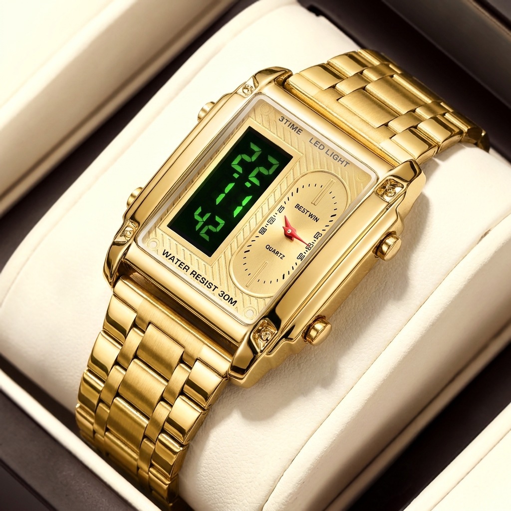 Digital Alarm Clock - นาฬิกาข้อมือดิจิตอลสำหรับผู้ชาย สองเขตเวลา พร้อมไฟ LED กันน้ำ โครโนกราฟ