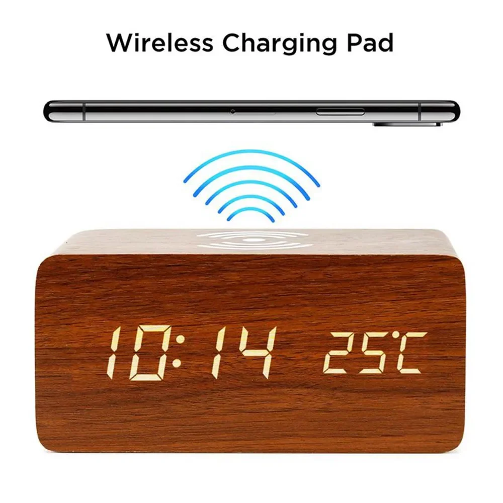 Modern Electronics Gadgets - นาฬิกาปลุก LED ดิจิตอลไม้ USB/AAA ขับเคลื่อนนาฬิกาตั้งโต๊ะพร้อมอุณหภูมิความชื้นไร้สายชาร์จนาฬิกาตั้งโต๊ะอิเล็กทรอนิกส์